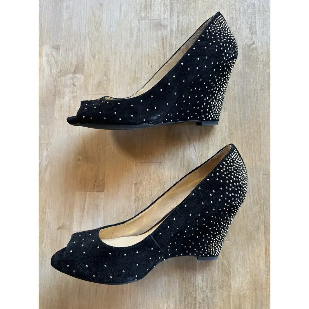 Gianni Bini Women's Black Gold Studded Sparkle Size 7M Wedges Open Peep Toe